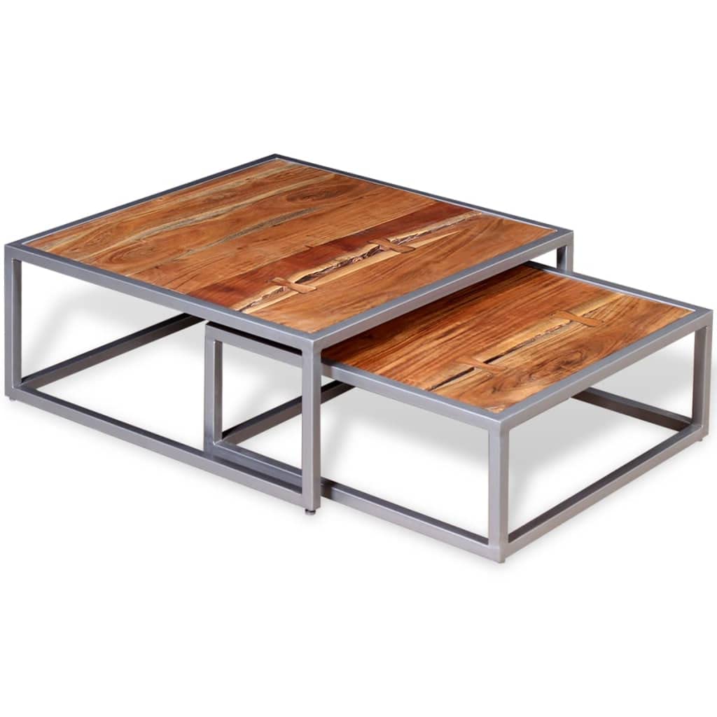 Acacia Wood and Steel Coffee Table Set of 2 Brown Q100230