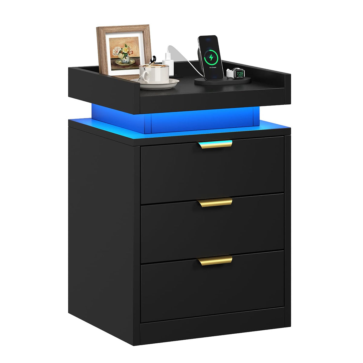 Black 3 Drawer LED Nightstand with Charging Station F836