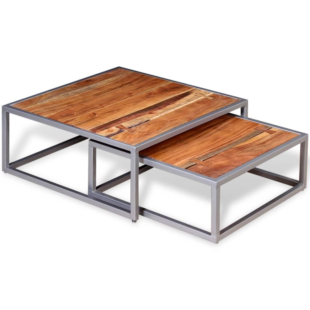 Acacia Wood and Steel Coffee Table Set of 2 Brown Q100230