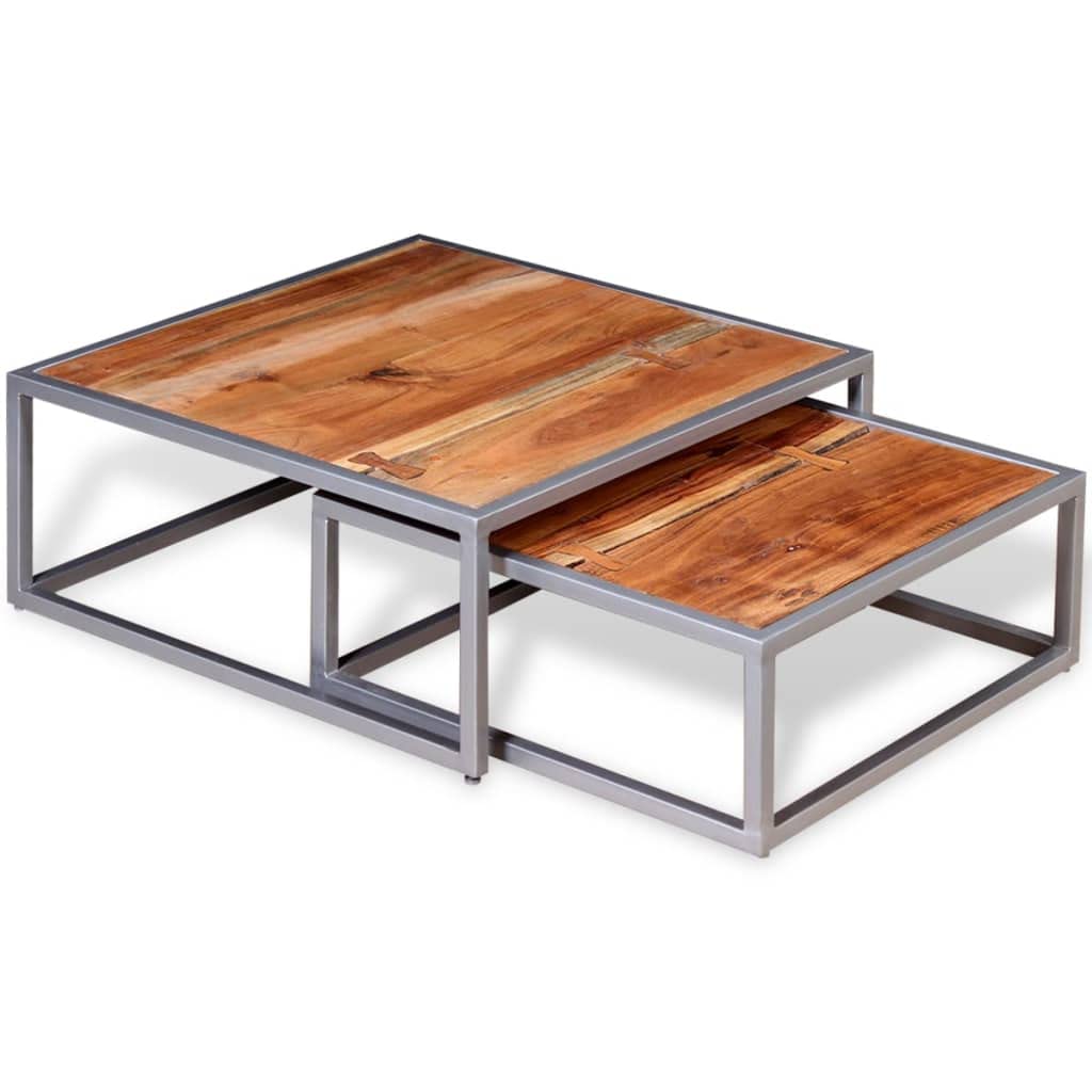 Acacia Wood and Steel Coffee Table Set of 2 Brown Q100230