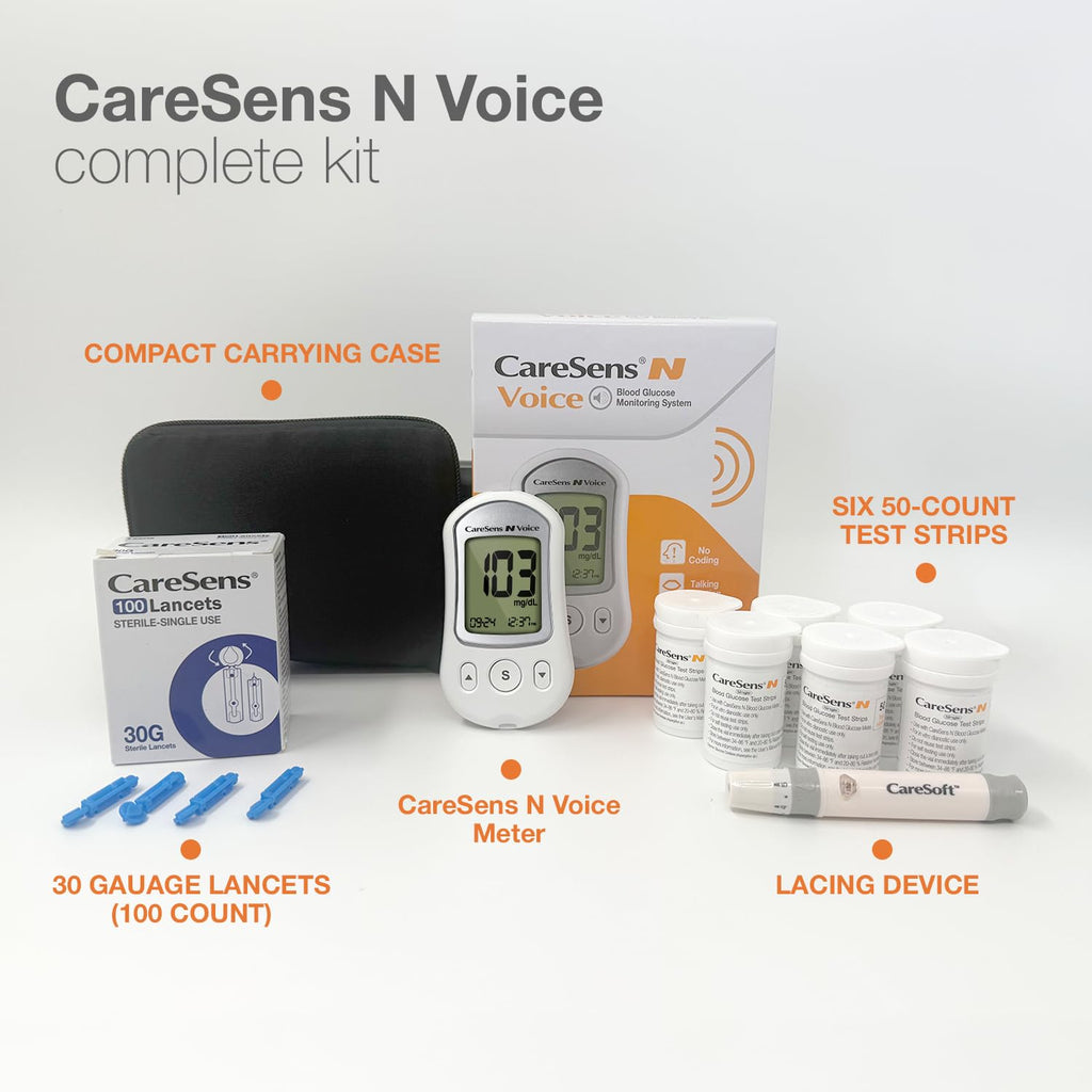 Blood Glucose Monitoring System with Talking Meter, 300 Test Strips, 100 Lancets, Lancing Device and Carrying Case V5459