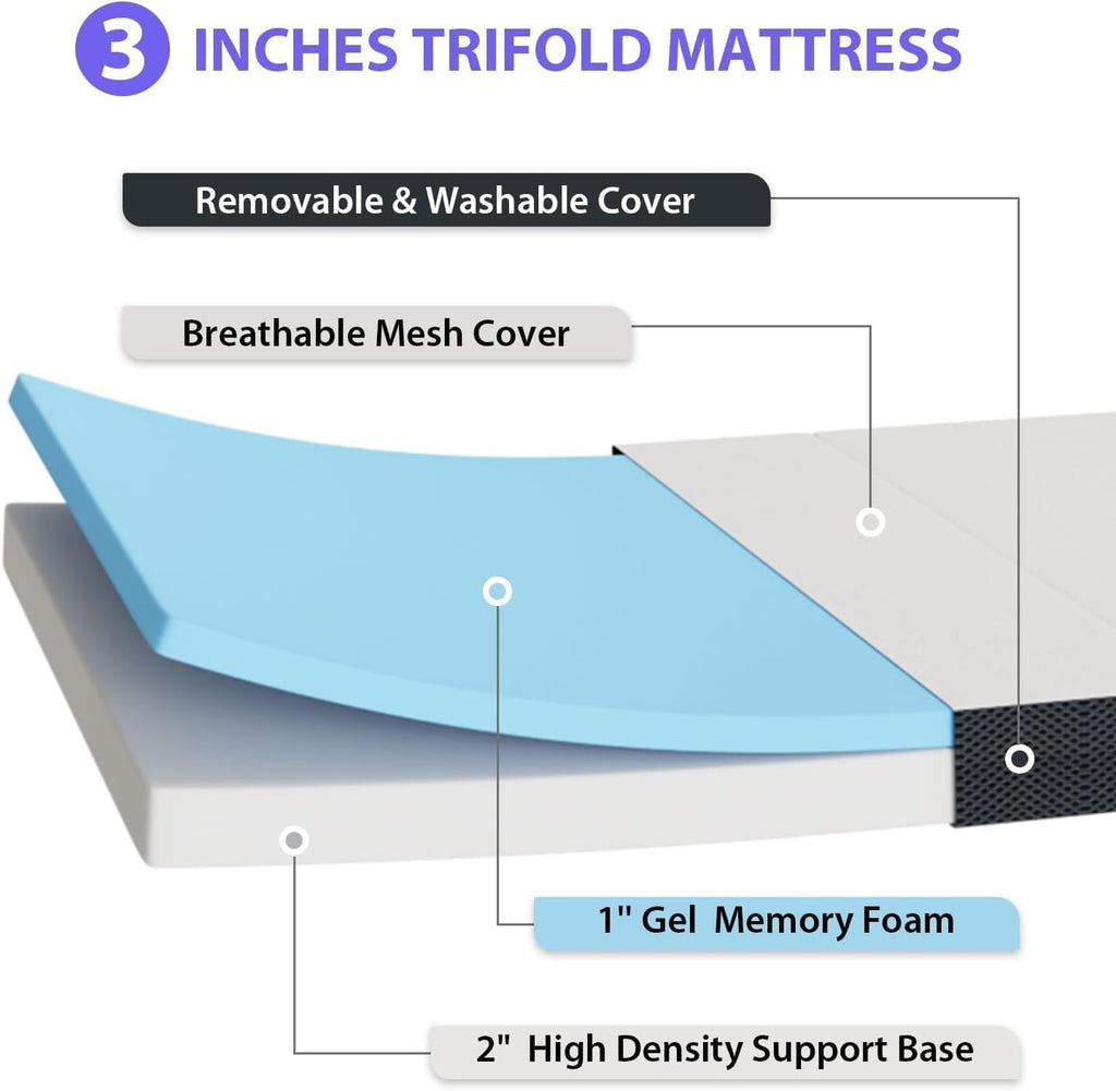 3 inch Tri Fold Memory Foam Mattress with Mesh Cover Y5025