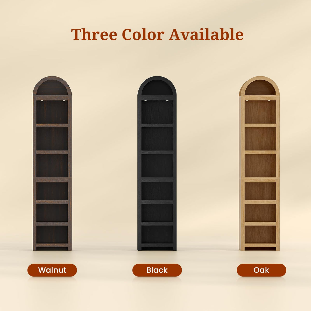 76" Tall Narrow Arched Bookcase, 7-Tier Adjustable Shelves, Black G658895