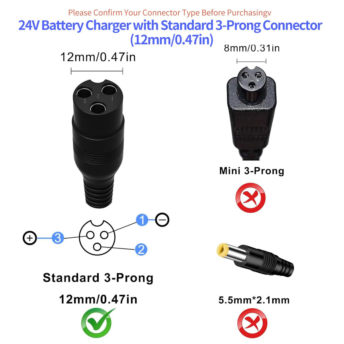 24V Electric Scooter Charger 3-Prong Inline Female Power Cord A82140