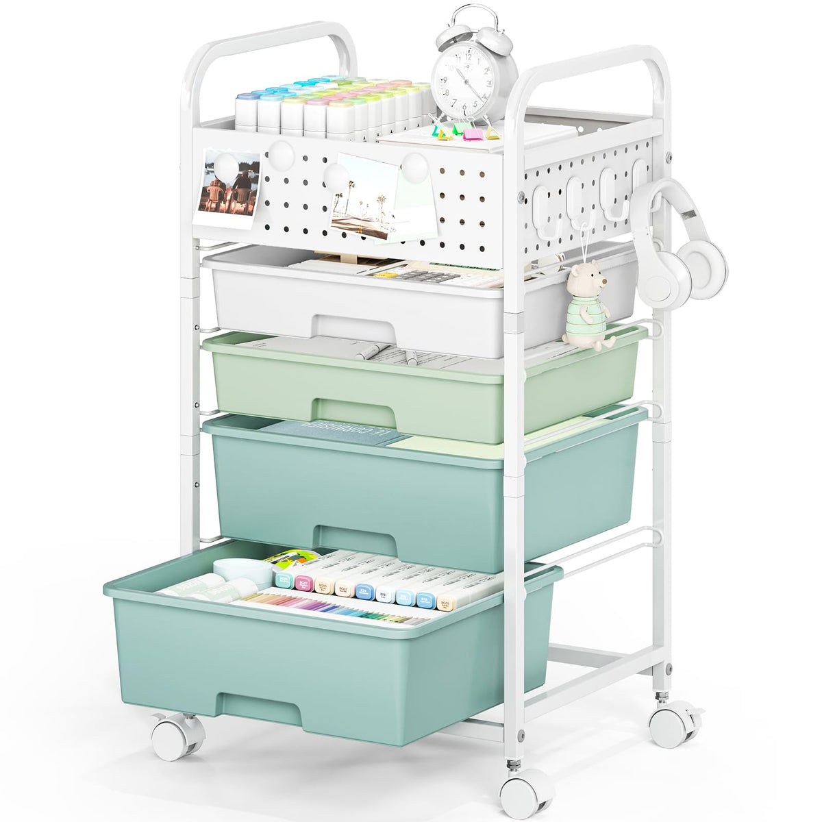 4 Drawer Rolling Storage Cart with Pegboard Top and Hooks J6416