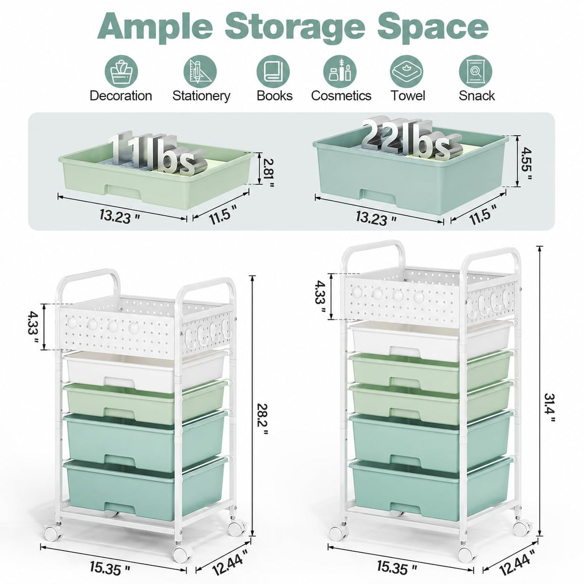 4 Drawer Rolling Storage Cart with Pegboard Top and Hooks J6416