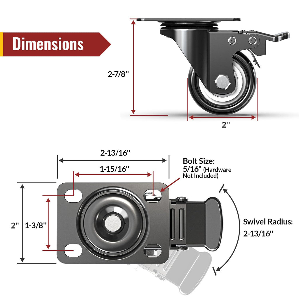 2 Inch Heavy Duty PU Caster Wheels, Set of 4 V667