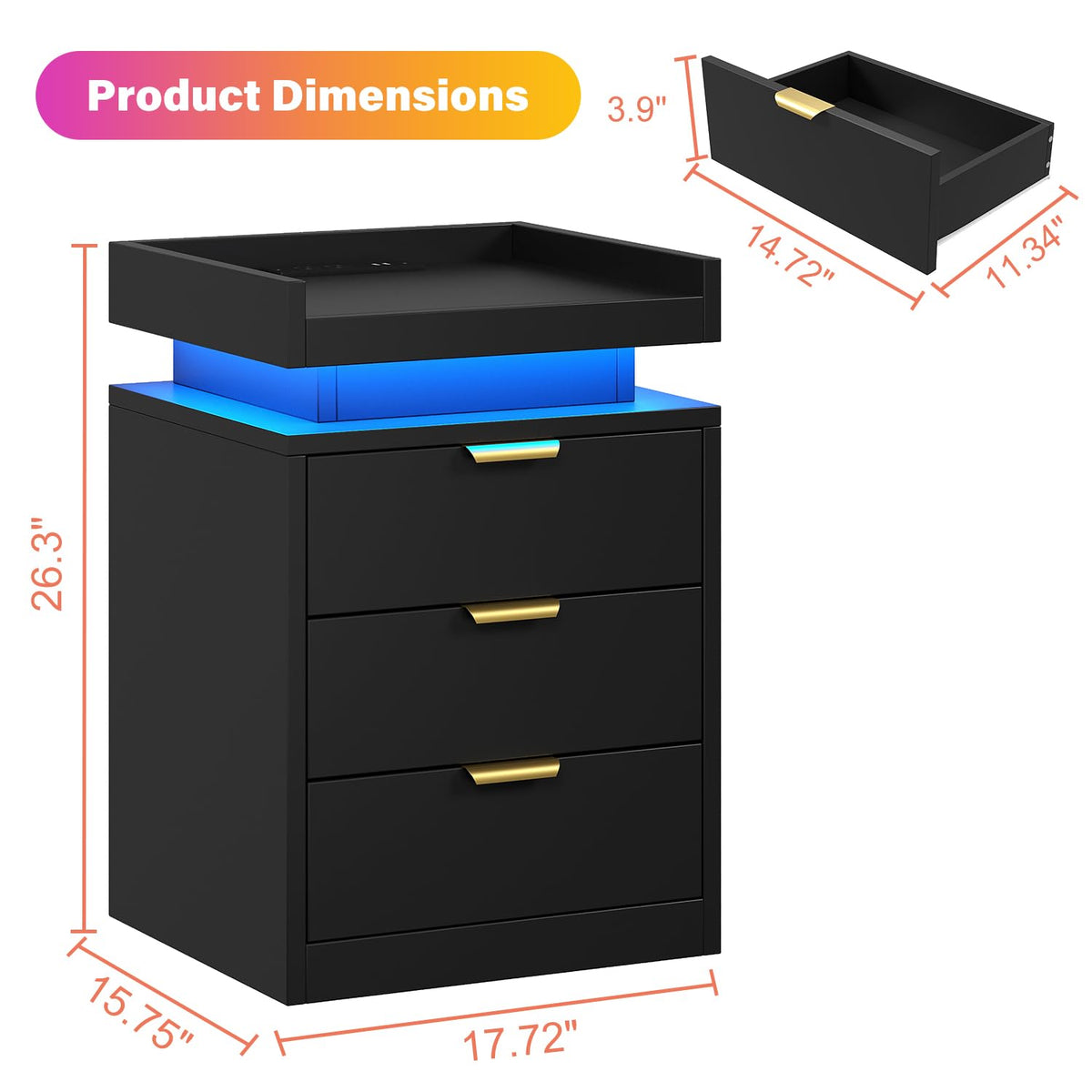 Black 3 Drawer LED Nightstand with Charging Station F836