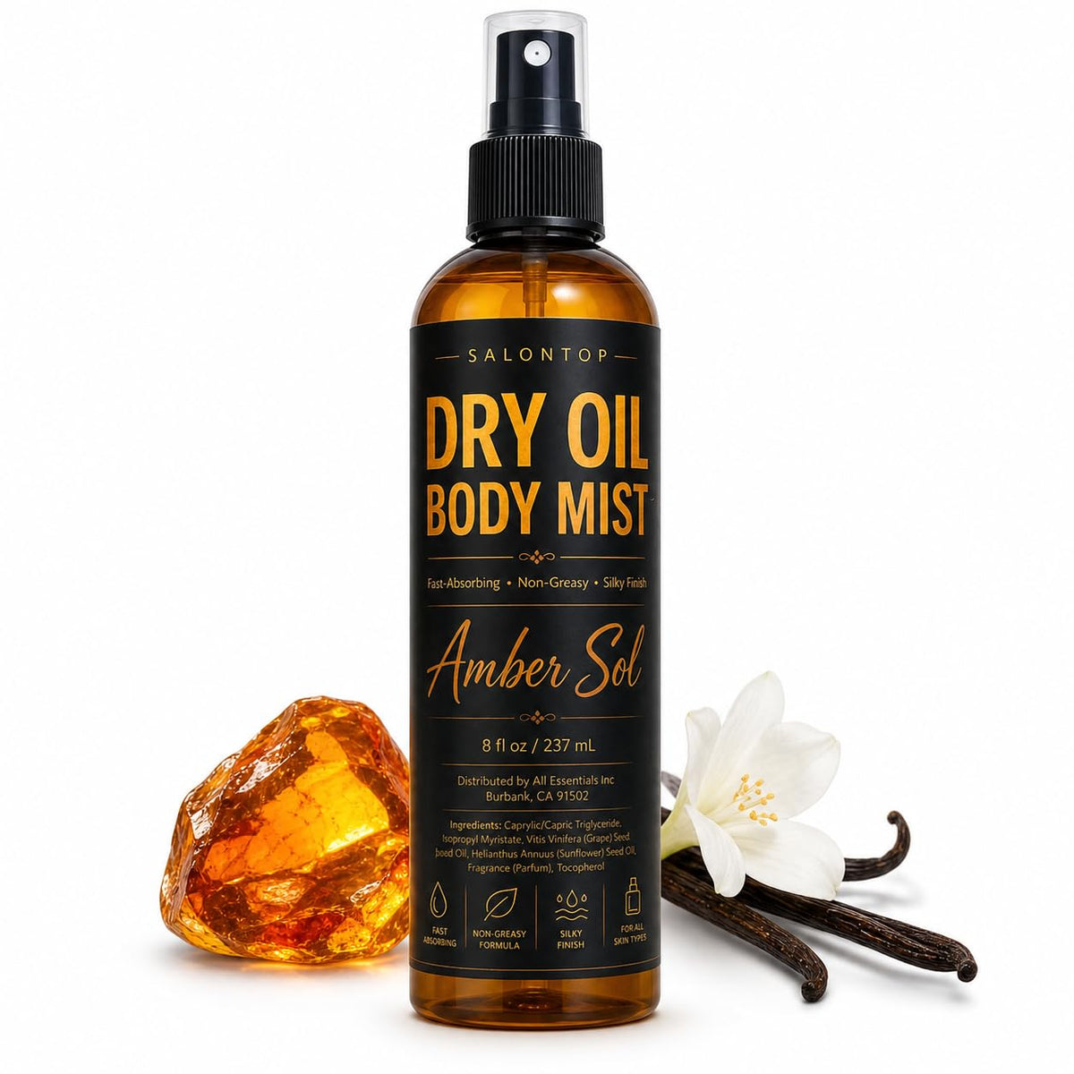 Amber 8 oz Dry Oil Body Mist Spray with Grapeseed & Jojoba Oils T5326