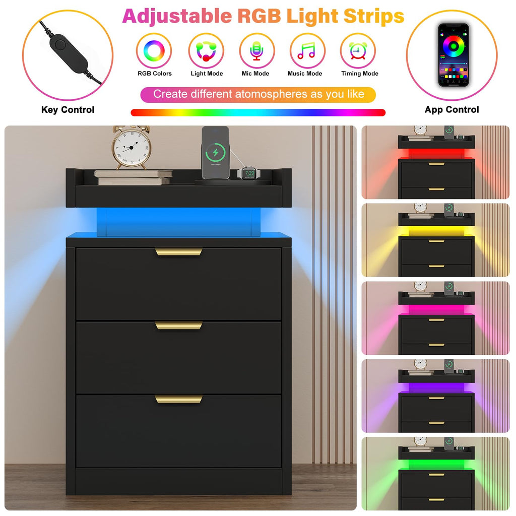 Black 3 Drawer LED Nightstand with Charging Station F836