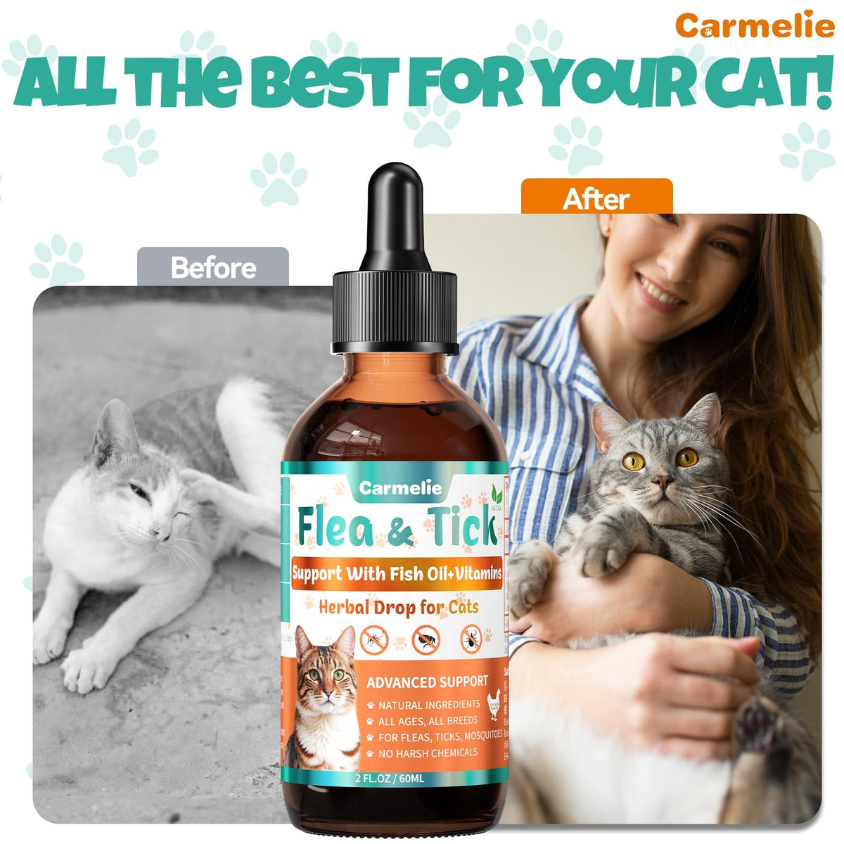 Flea and Tick Prevention for Cat with Vitamins Fish Oil 2 fl oz K6050