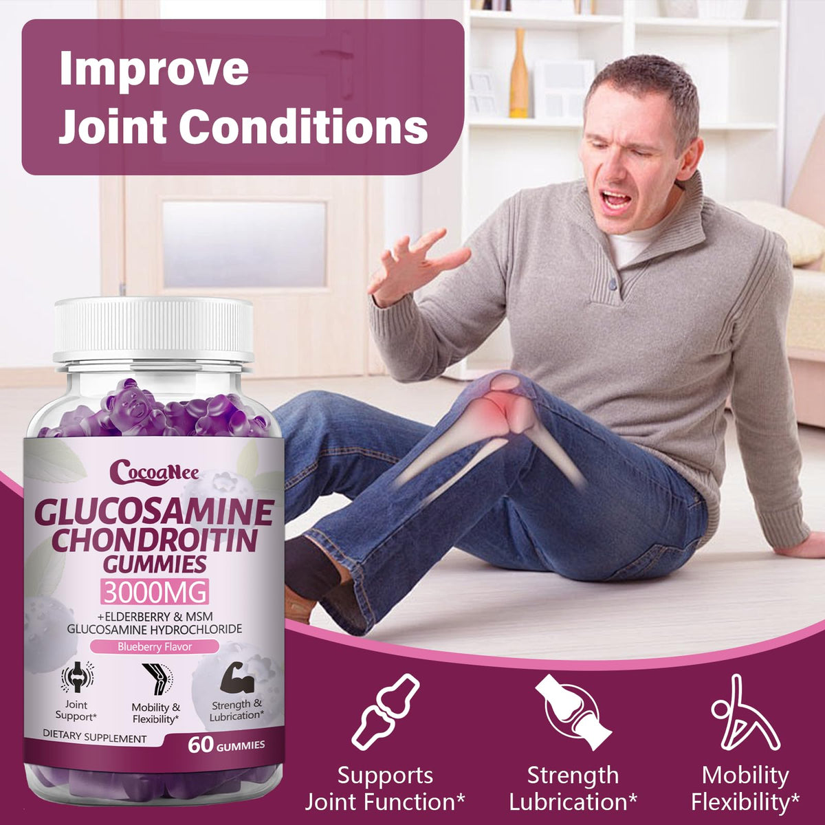 3000MG Glucosamine Chondroitin Gummies with MSM & Elderberry 180Cts H23680