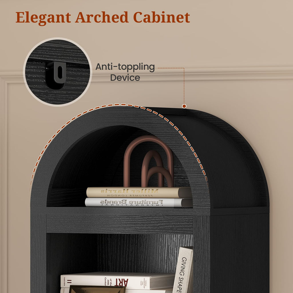 76" Tall Narrow Arched Bookcase, 7-Tier Adjustable Shelves, Black G658895