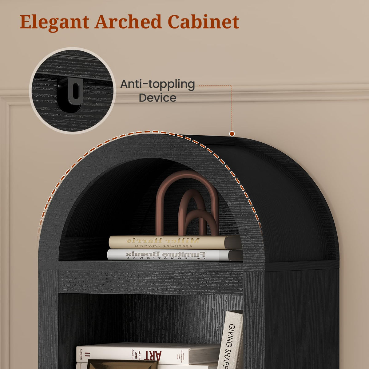 76" Tall Narrow Arched Bookcase, 7-Tier Adjustable Shelves, Black G658895