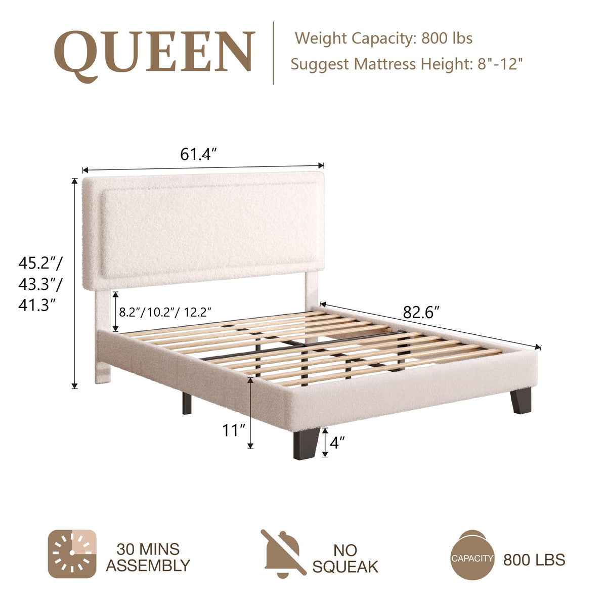White Queen Size Upholstered Platform Bed Frame with Adjustable Headboard C438