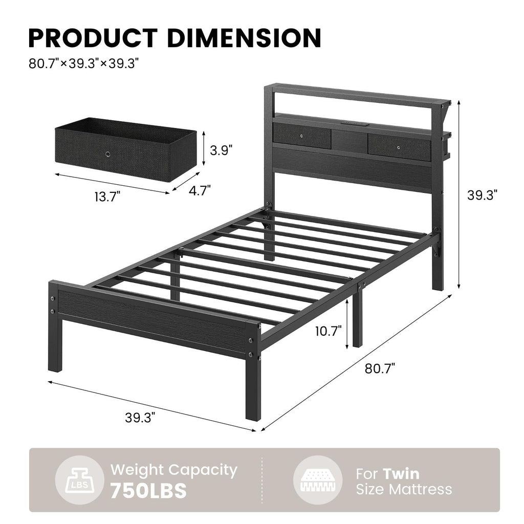 Twin Size Bed Frame with Storage Headboard and 2 Drawers V558