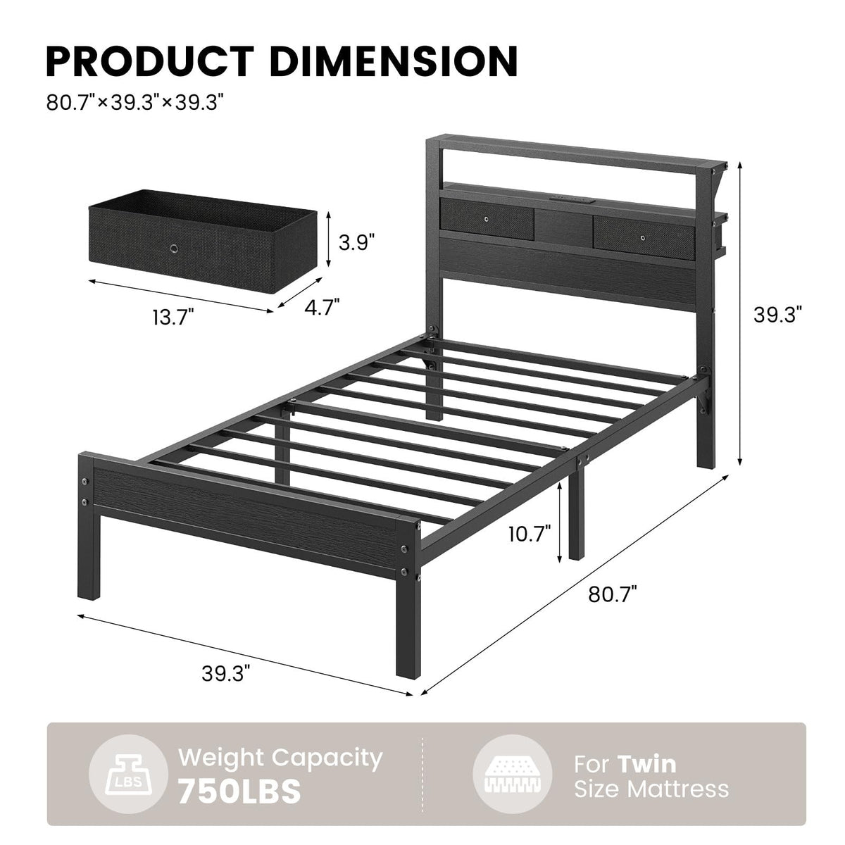 Twin Size Bed Frame with Storage Headboard and 2 Drawers V558
