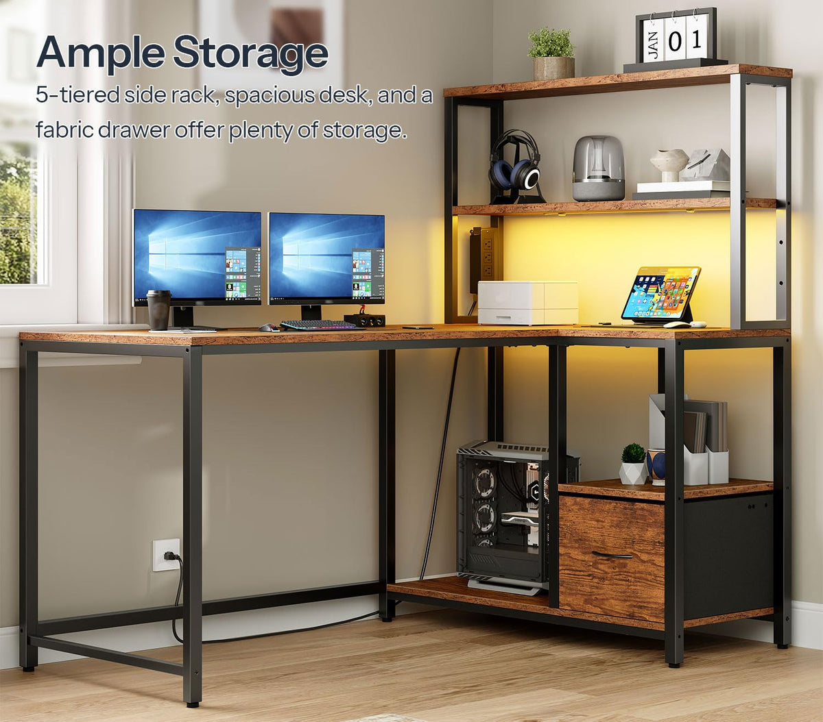 46 Inch Reversible Computer Desk with LED Light & Power Outlet H8917