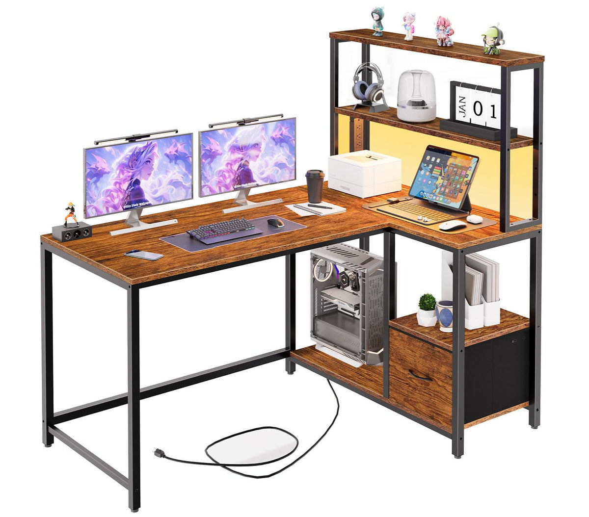 46 Inch Reversible Computer Desk with LED Light & Power Outlet H8917