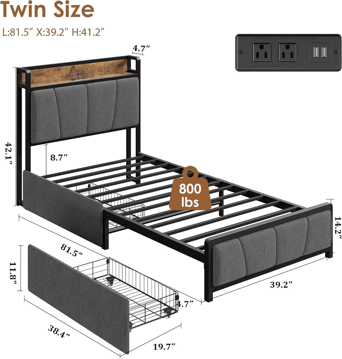Twin Size Bed Frame with Storage Drawers and Charging Station A367