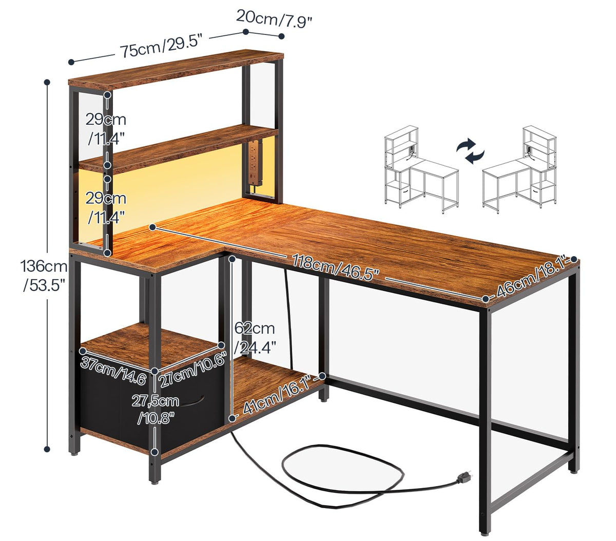 46 Inch Reversible Computer Desk with LED Light & Power Outlet H8917