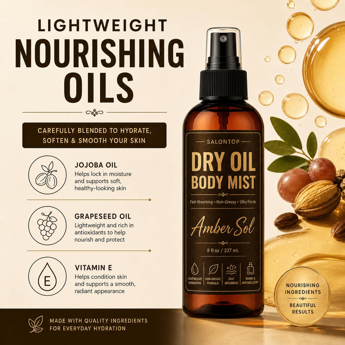Amber 8 oz Dry Oil Body Mist Spray with Grapeseed & Jojoba Oils T5326