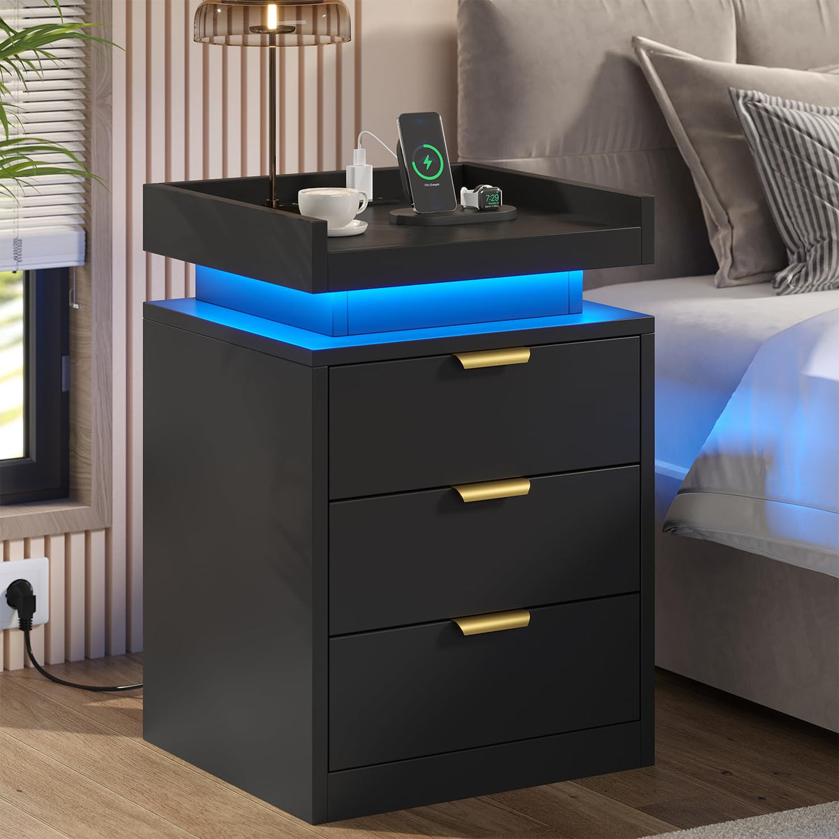 Black 3 Drawer LED Nightstand with Charging Station F836
