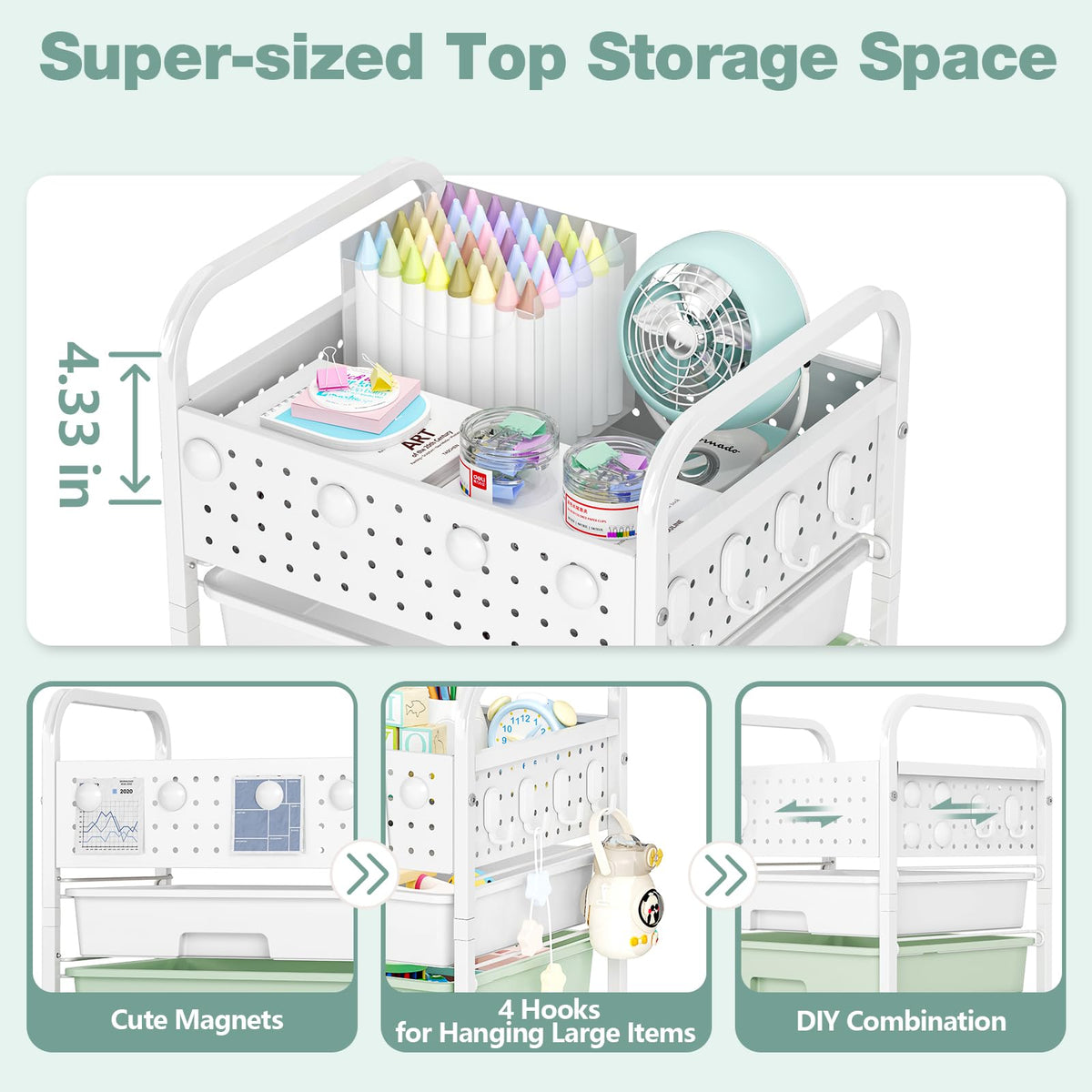 4 Drawer Rolling Storage Cart with Pegboard Top and Hooks J6416