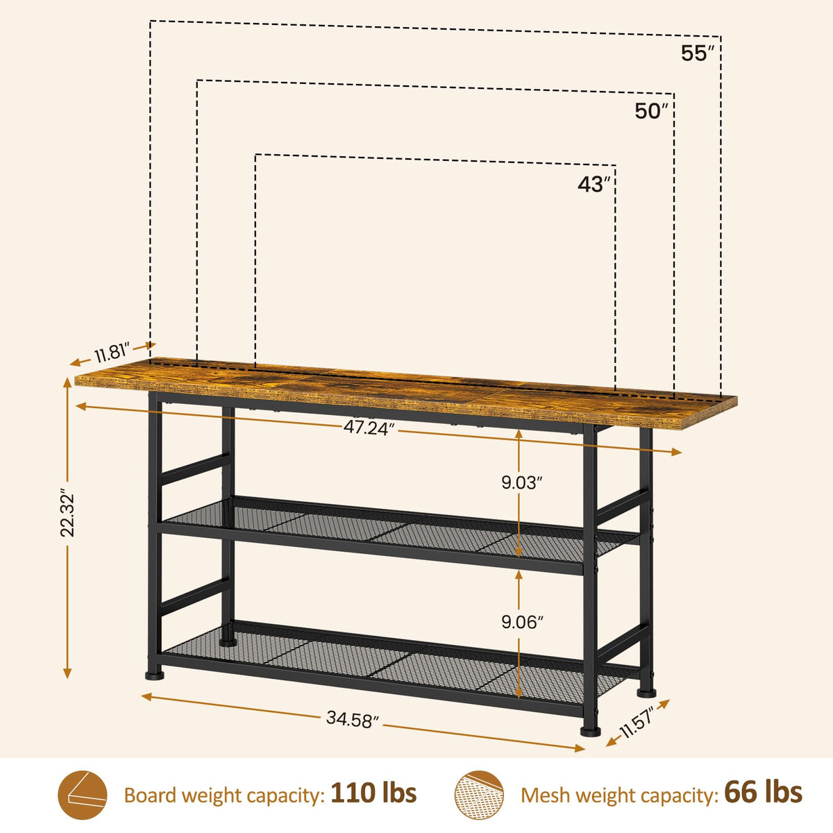 Rustic Brown TV Stand up to 55 Inch with 3 Tier Storage Shelves Q9410