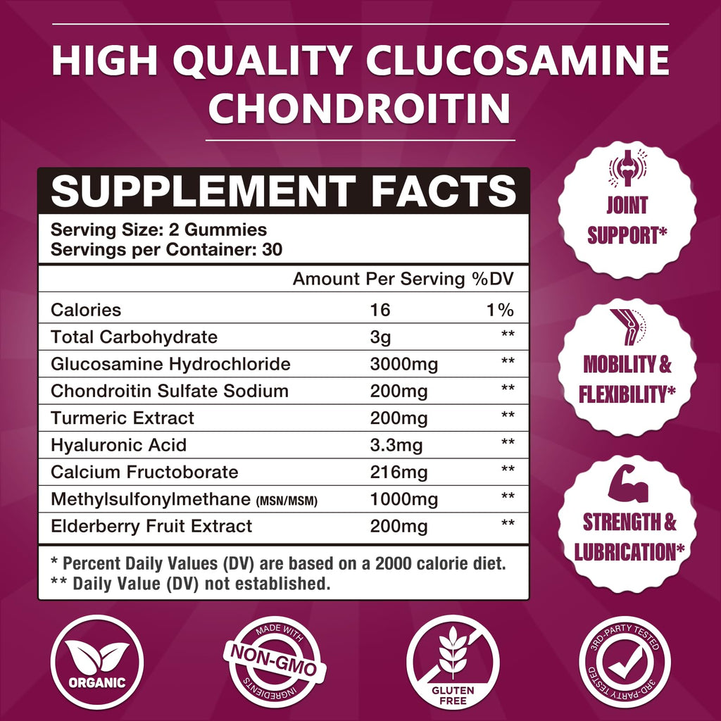 3000MG Glucosamine Chondroitin Gummies with MSM & Elderberry 180Cts H23680