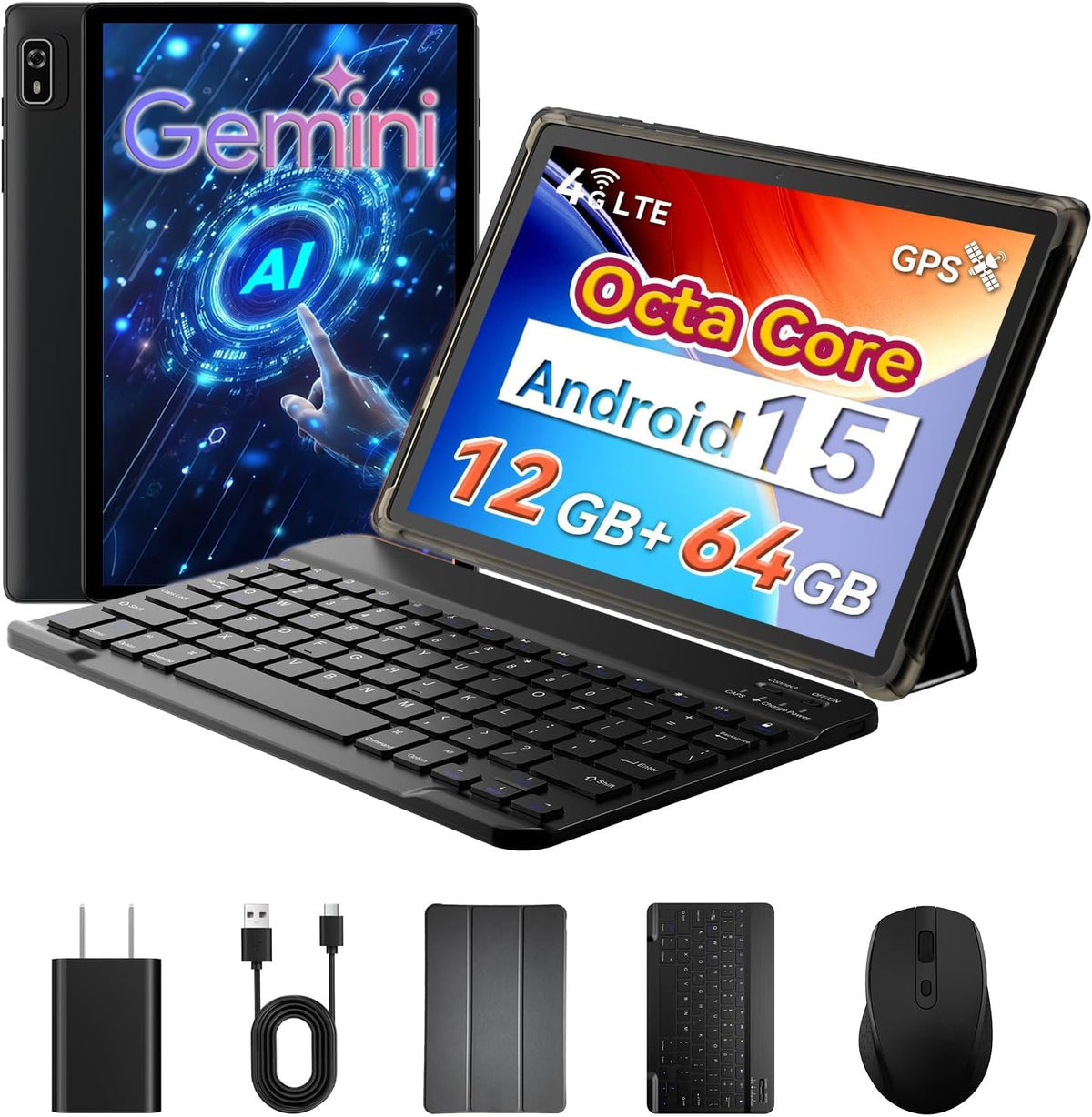 10 inch 2-in-1 Android 15 Tablet with Keyboard, Mouse, and Case, 4G LTE, 12GB RAM + 64GB ROM, Octa-Core, IPS Display, 5G Wi-Fi, GPS, Bluetooth K578026