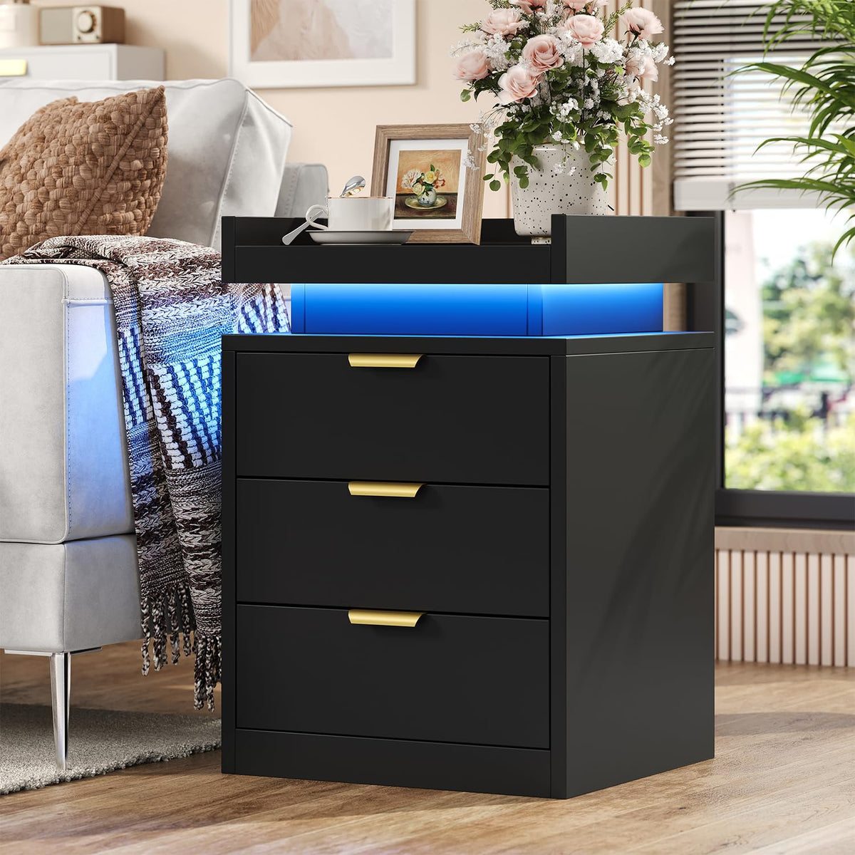 Black 3 Drawer LED Nightstand with Charging Station F836