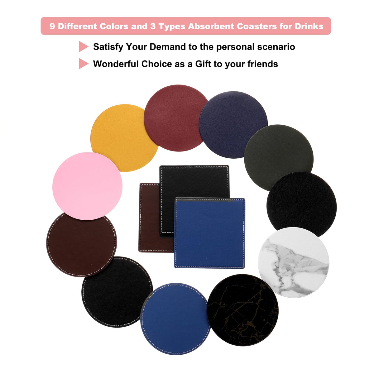 Round Drink Coasters Set of 6 Dual Sided Non-Slip Waterproof Leather D29753
