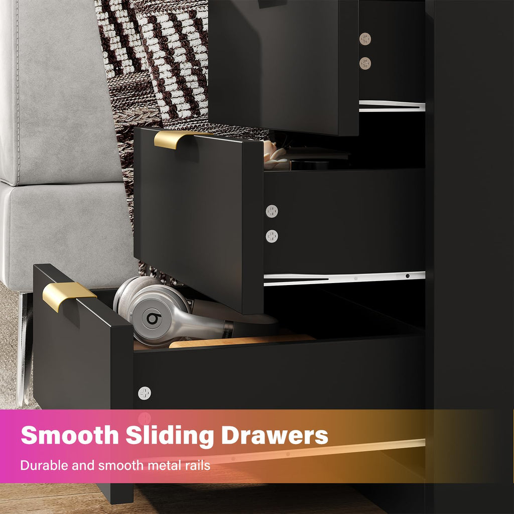 Black 3 Drawer LED Nightstand with Charging Station F836