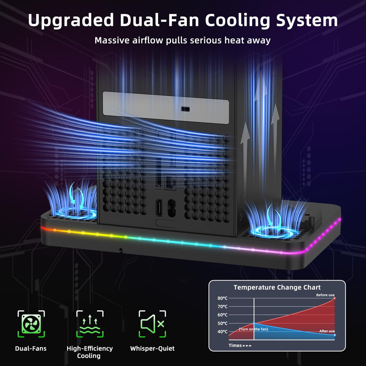 Black Cooling Fan Charging Stand with 3 USB Ports U962574