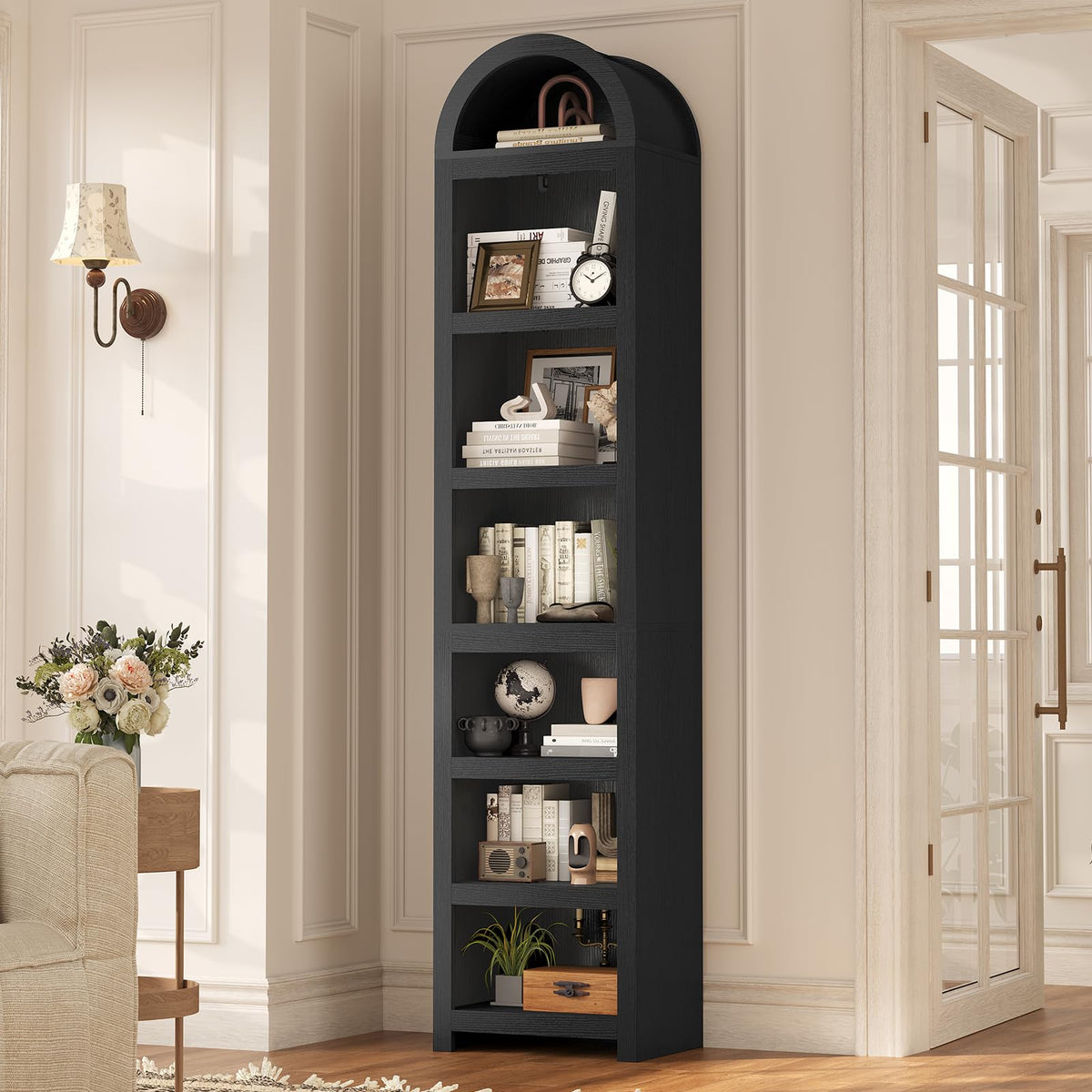 76" Tall Narrow Arched Bookcase, 7-Tier Adjustable Shelves, Black G658895