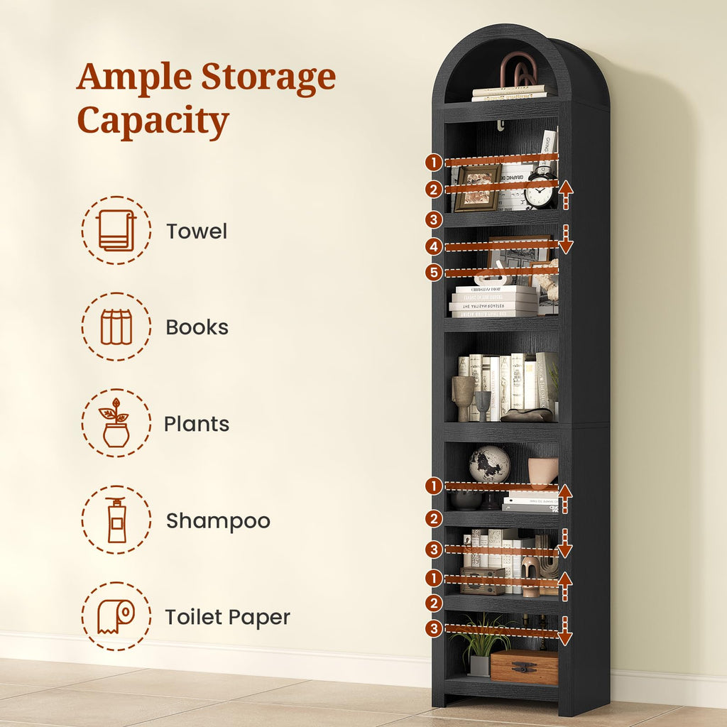 76" Tall Narrow Arched Bookcase, 7-Tier Adjustable Shelves, Black G658895