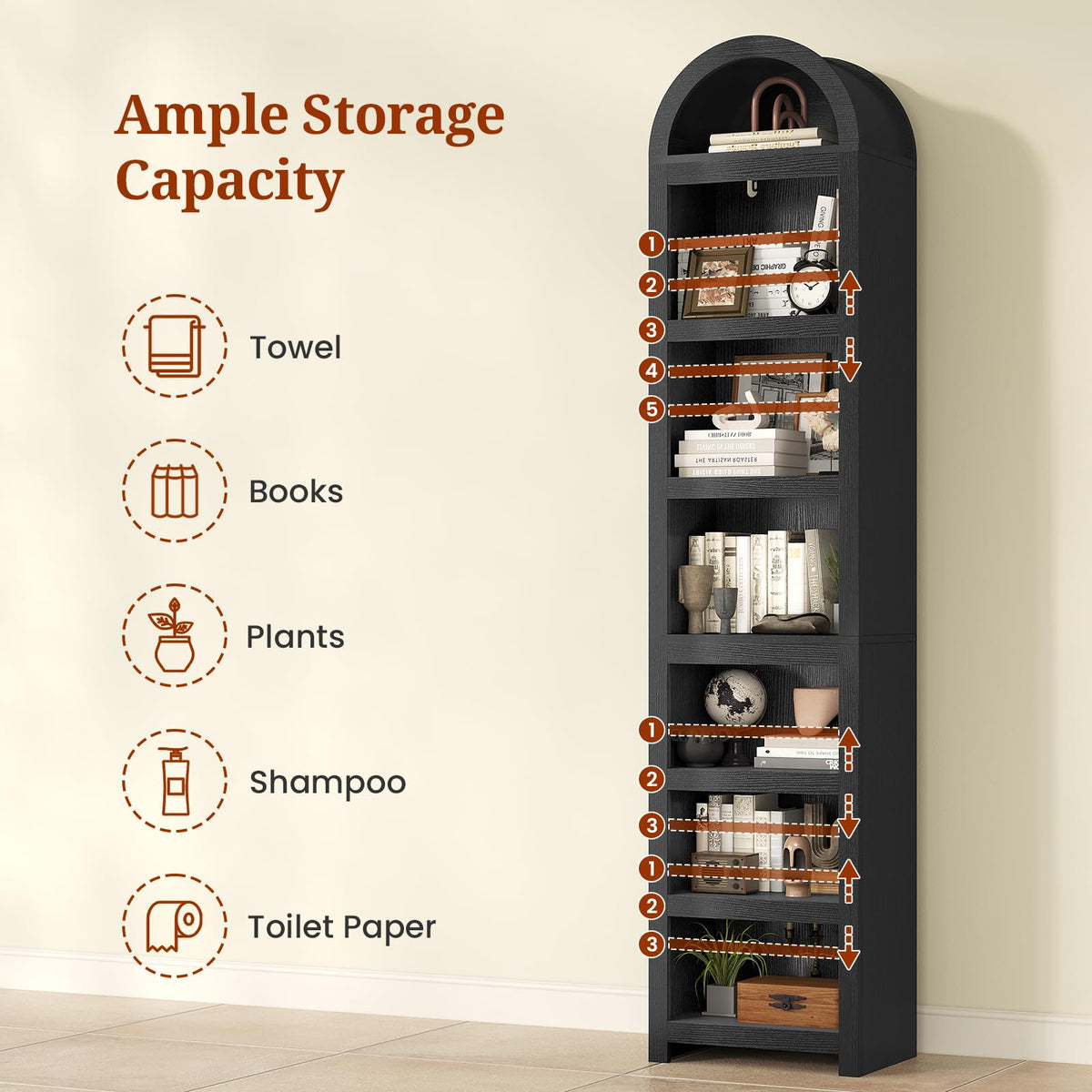 76" Tall Narrow Arched Bookcase, 7-Tier Adjustable Shelves, Black G658895