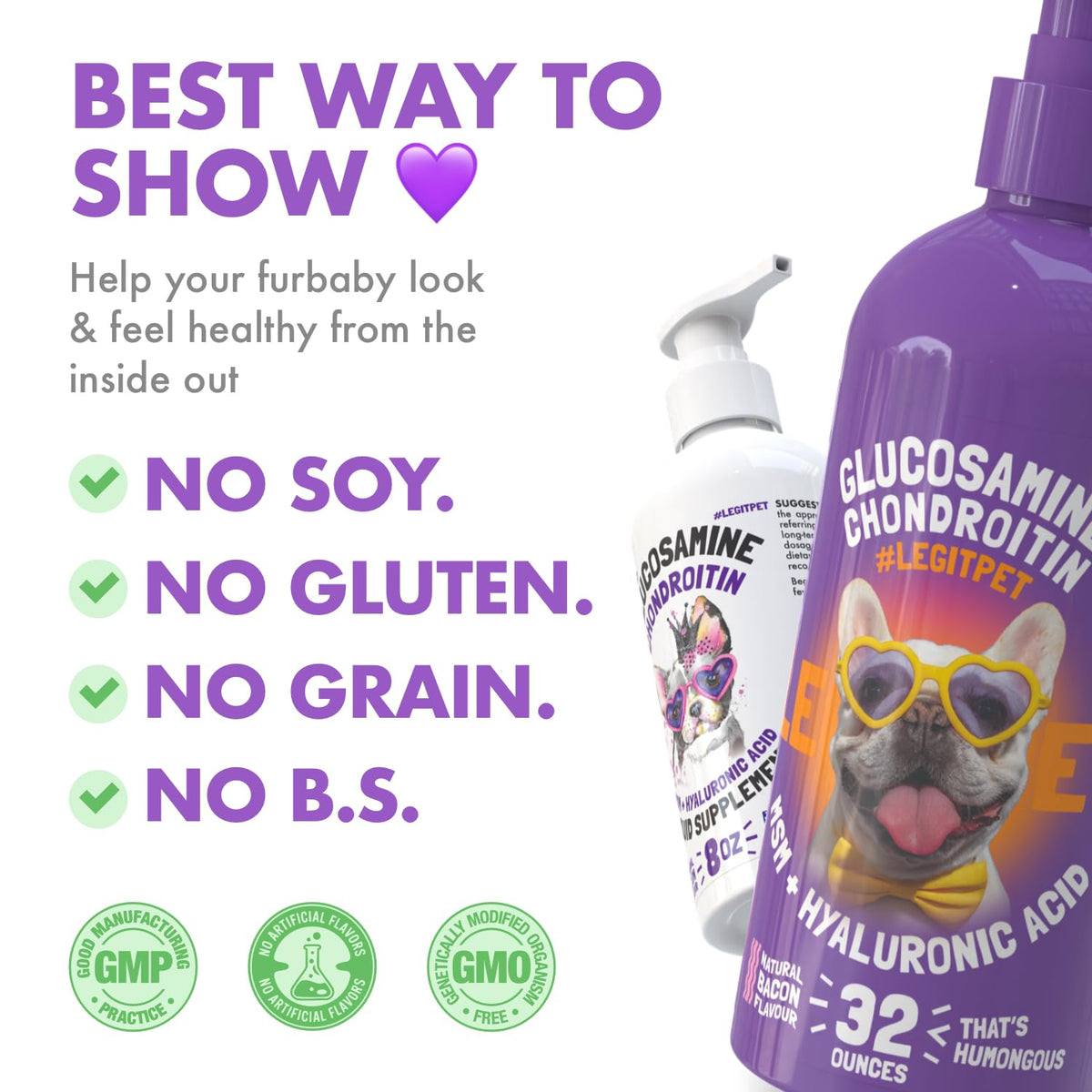 Liquid Glucosamine Chondroitin MSM Hyaluronic Acid Bacon Flavor Dog Supplement 32 oz V49144