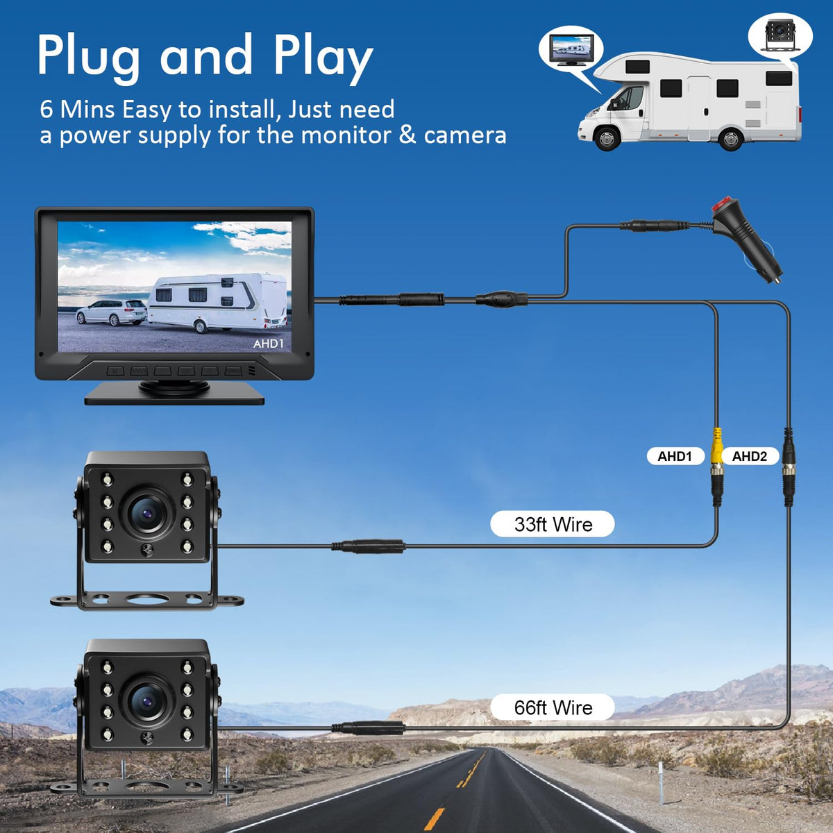 7'' Wired Dual RV Backup Camera System 1080P HD Q5047