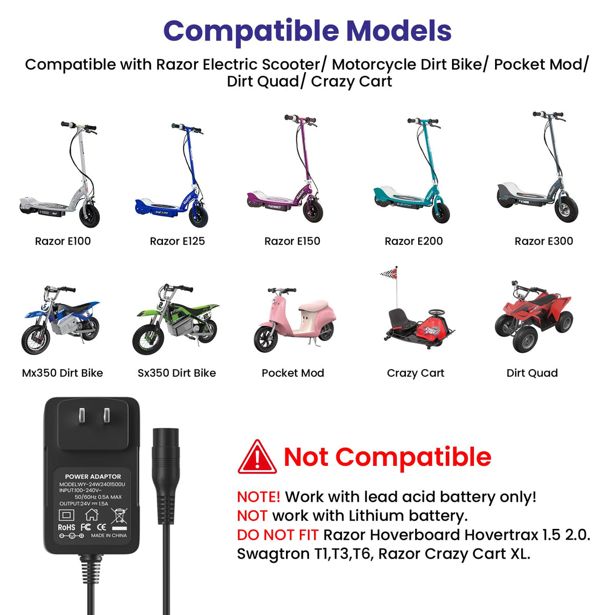 24V Electric Scooter Charger 3-Prong Inline Female Power Cord A82140