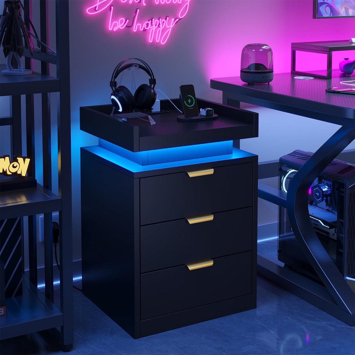 Black 3 Drawer LED Nightstand with Charging Station F836