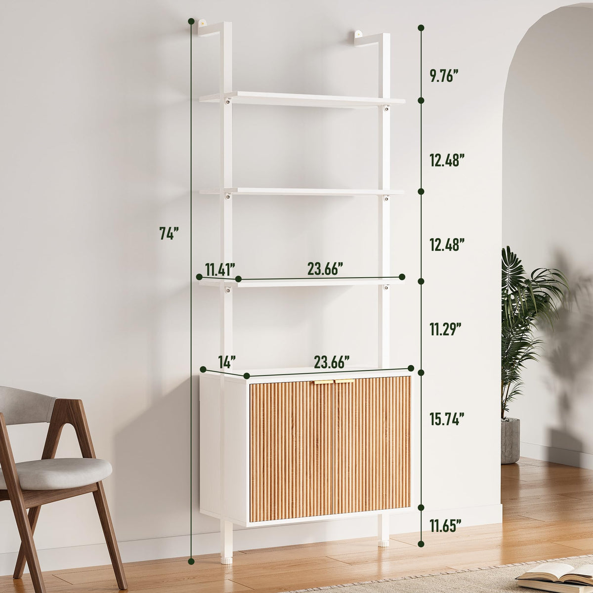74" Tall White and Oak Bookshelf with Storage Cabinet D75407