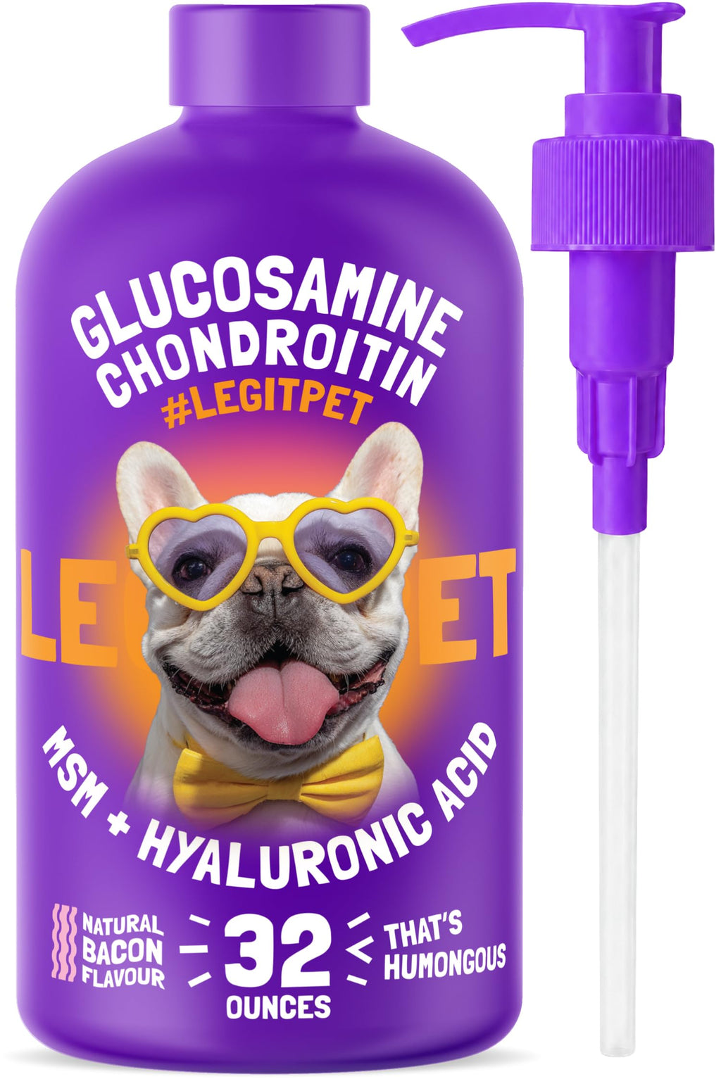 Liquid Glucosamine Chondroitin MSM Hyaluronic Acid Bacon Flavor Dog Supplement 32 oz V49144