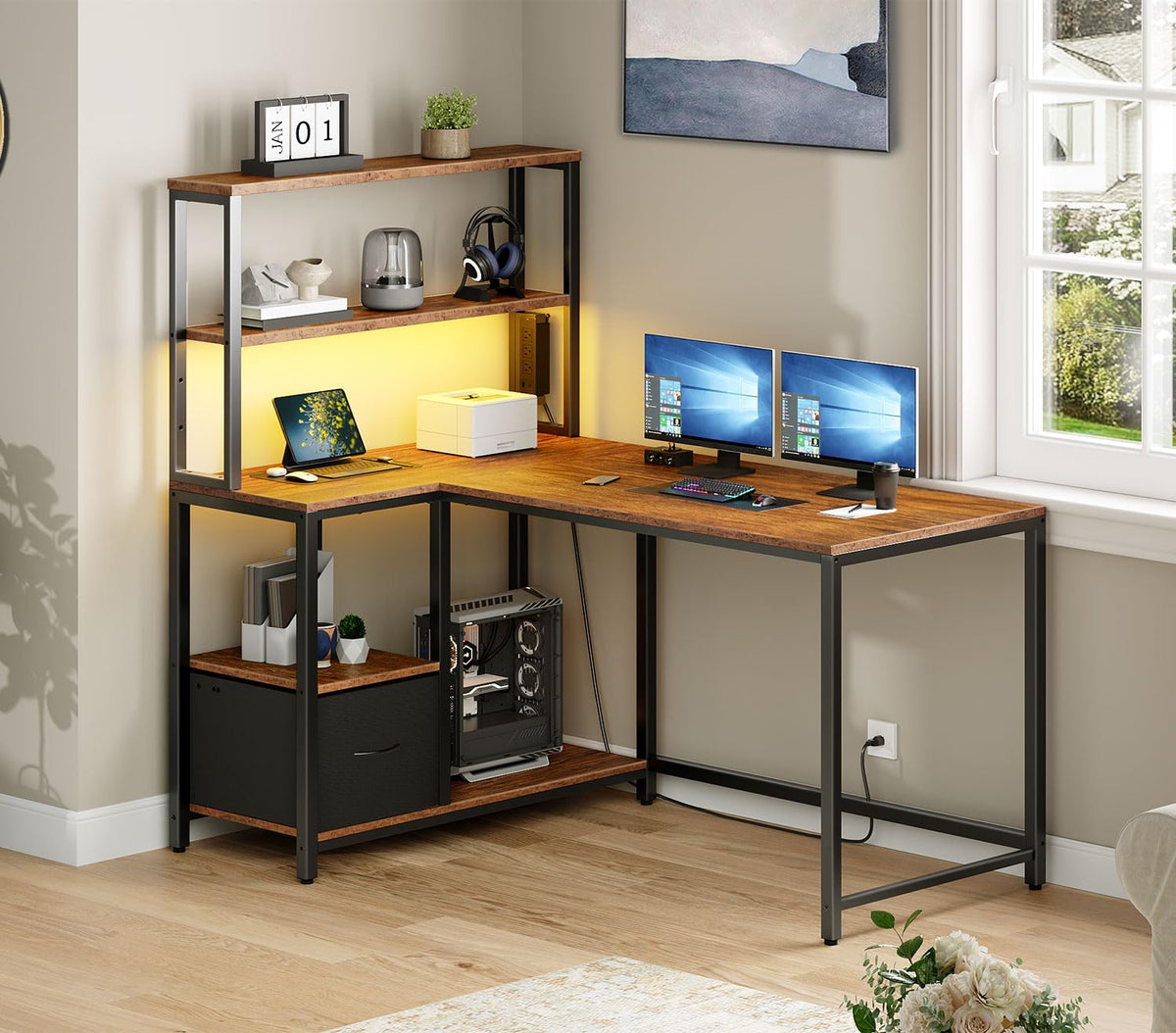 46 Inch Reversible Computer Desk with LED Light & Power Outlet H8917