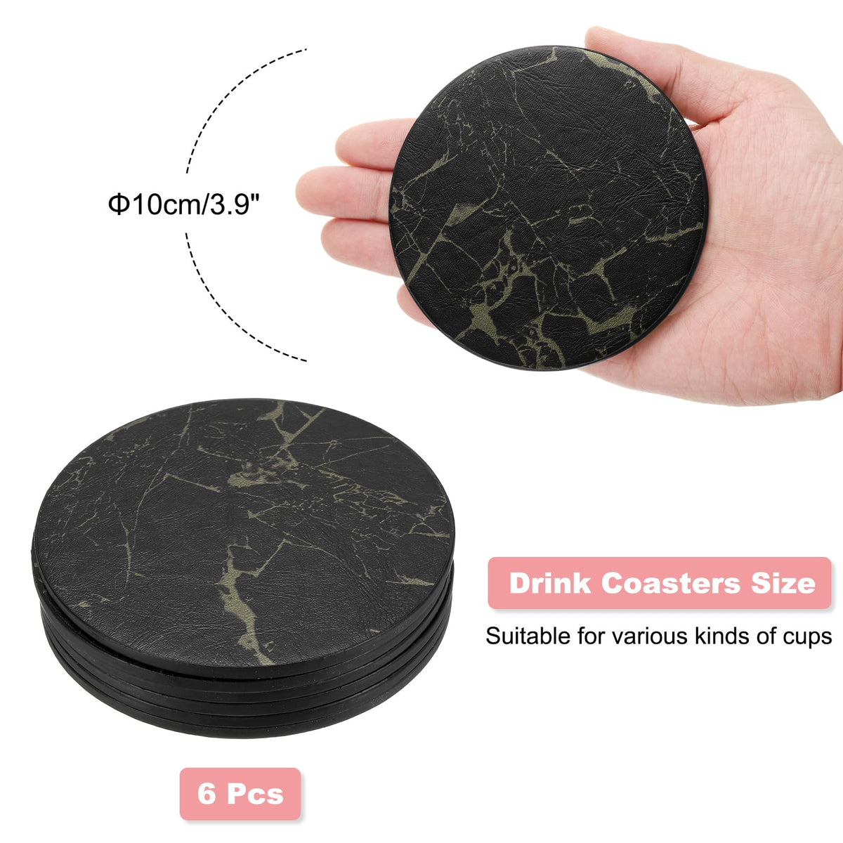 Round Drink Coasters Set of 6 Dual Sided Non-Slip Waterproof Leather D29753