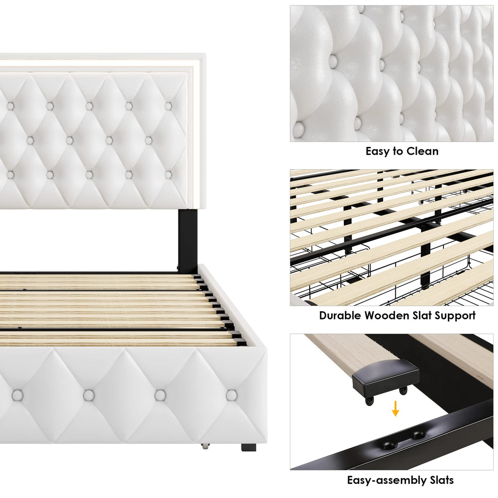 White Full Size LED Bed Frame with 4 Storage Drawers and Adjustable Headboard V934