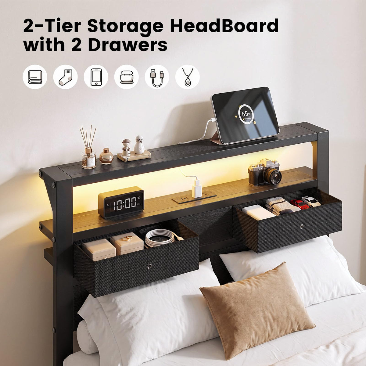 Twin Size Bed Frame with Storage Headboard and 2 Drawers V558