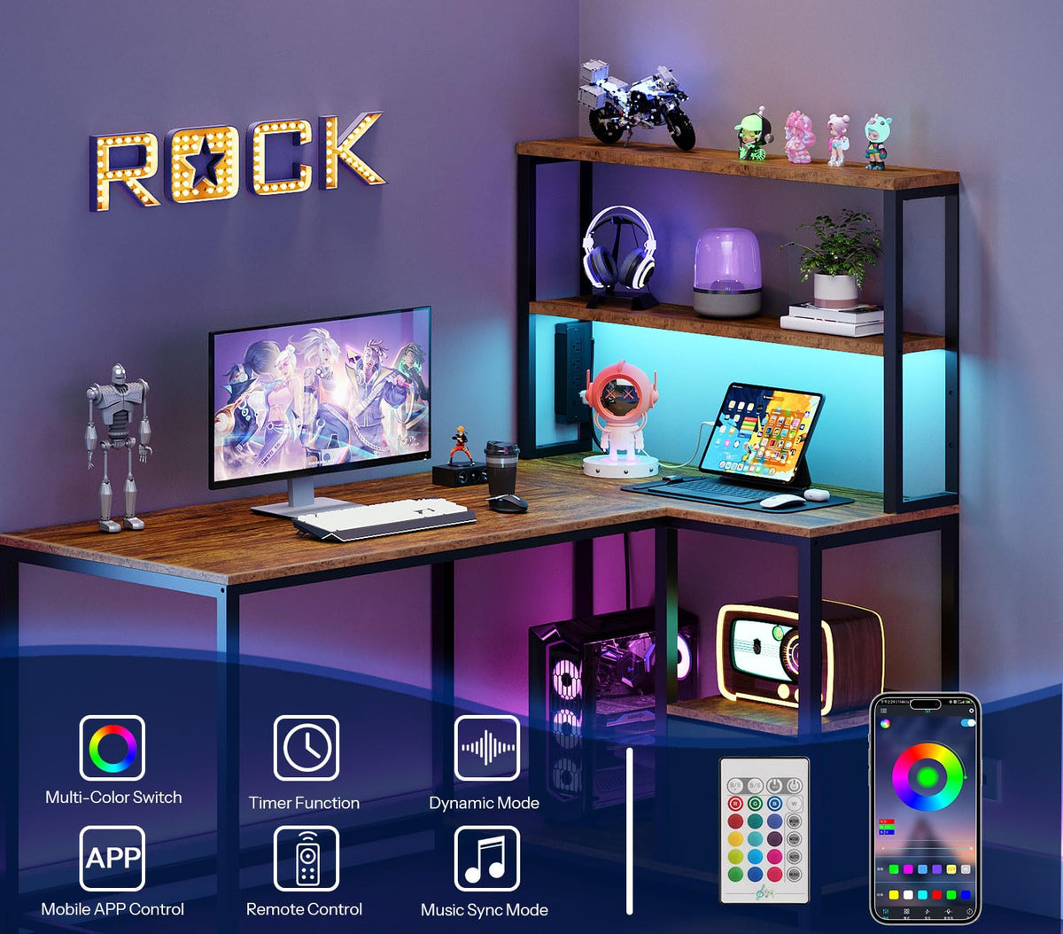 46 Inch Reversible Computer Desk with LED Light & Power Outlet H8917
