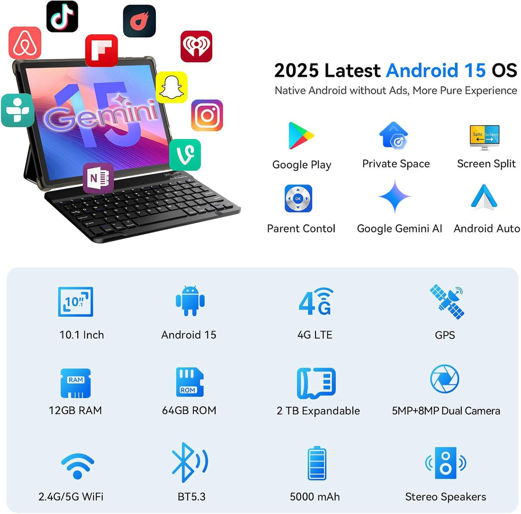 10 inch 2-in-1 Android 15 Tablet with Keyboard, Mouse, and Case, 4G LTE, 12GB RAM + 64GB ROM, Octa-Core, IPS Display, 5G Wi-Fi, GPS, Bluetooth K578026